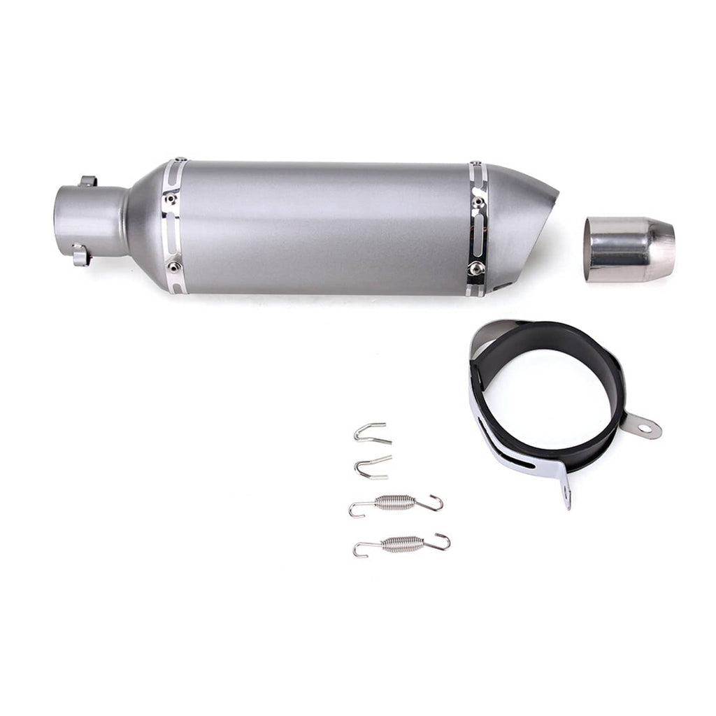 Motorcycle exhaust muffler kit with silver canister, end cap, clamp ring, and mounting springs
