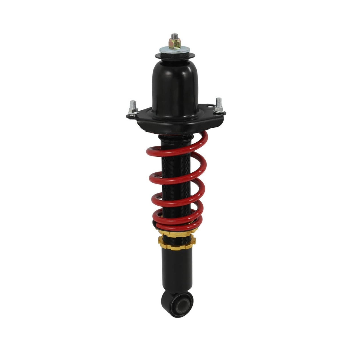 Single coilover strut with red spring, black body, and top mounting plate