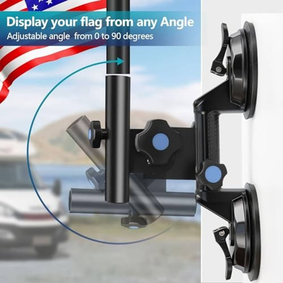Adjustable-angle RV suction cup flag pole holder with dual cups and pivoting arm