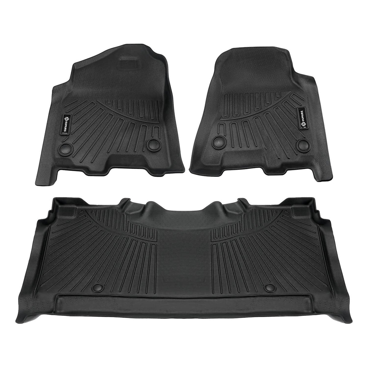 Black TPE front floor mats with molded channels, circular grommets, and brand labels