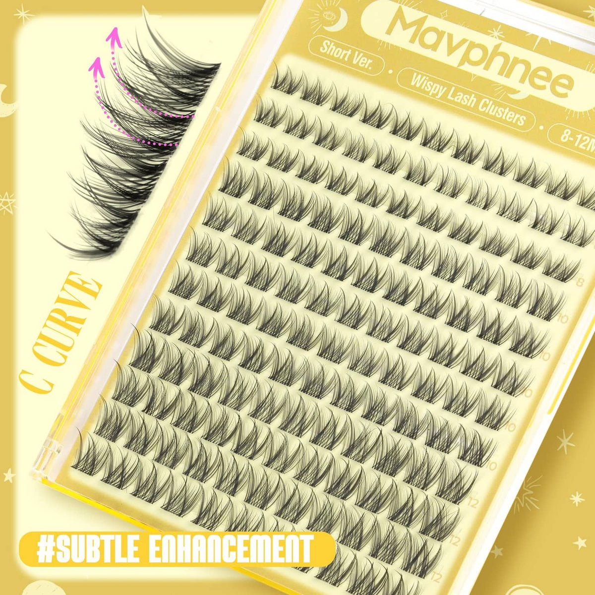Black lash clusters on a tray, short row curls, 8–12mm