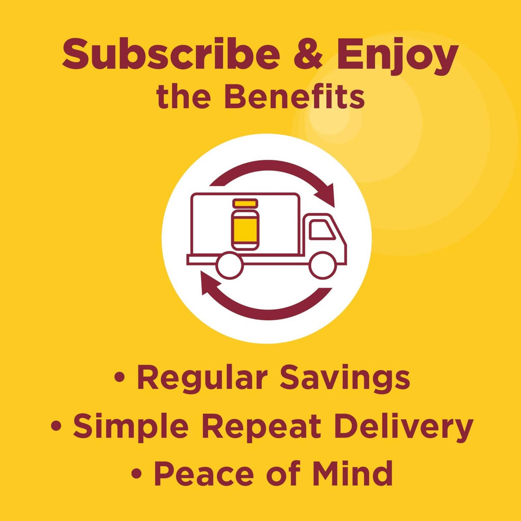 Gummies benefits panel with delivery truck icon and simple repeat delivery text