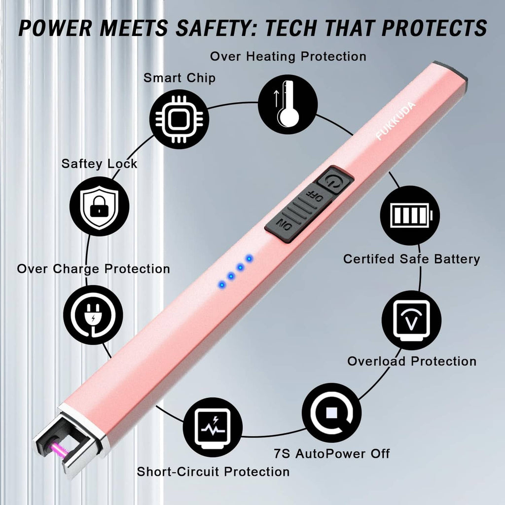 Rose gold electric candle lighter with safety lock switch and LED battery indicator