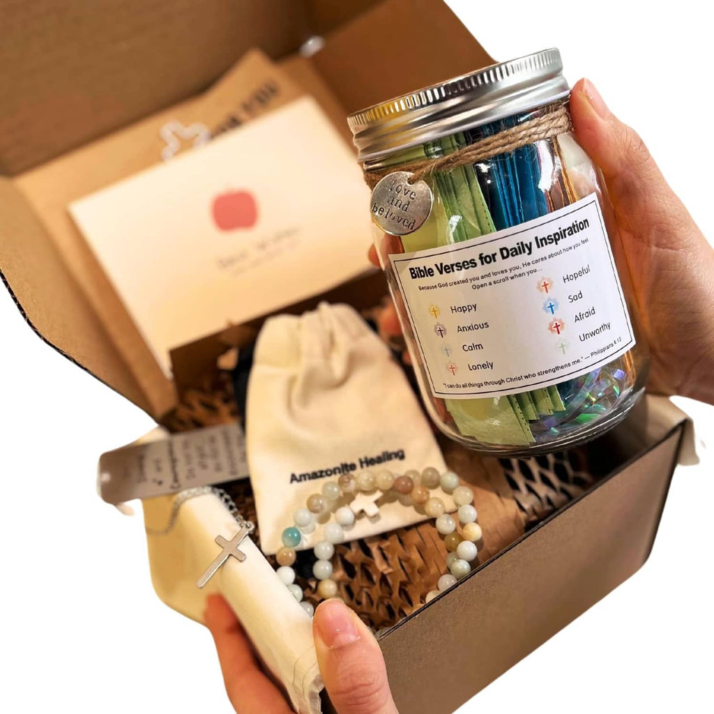 Bible verse jar gift set with beaded cross bracelet, shown in open kraft box
