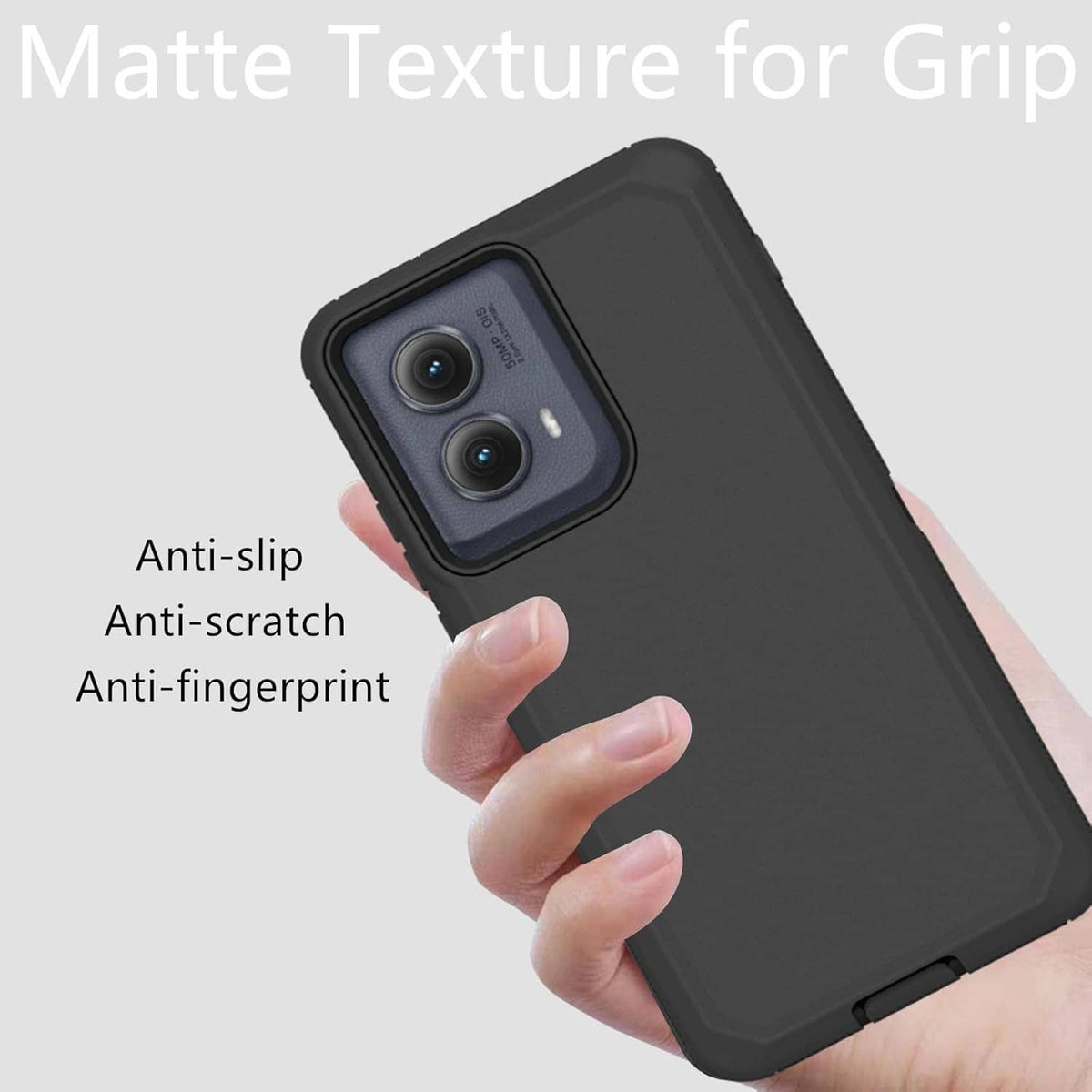 Matte black phone case with non-slip grip texture and anti-scratch smooth back