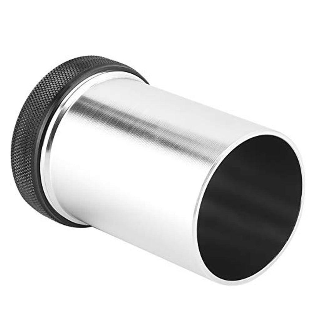 Silver aluminum bung tube with black end liner and textured black rim, 3/4 view