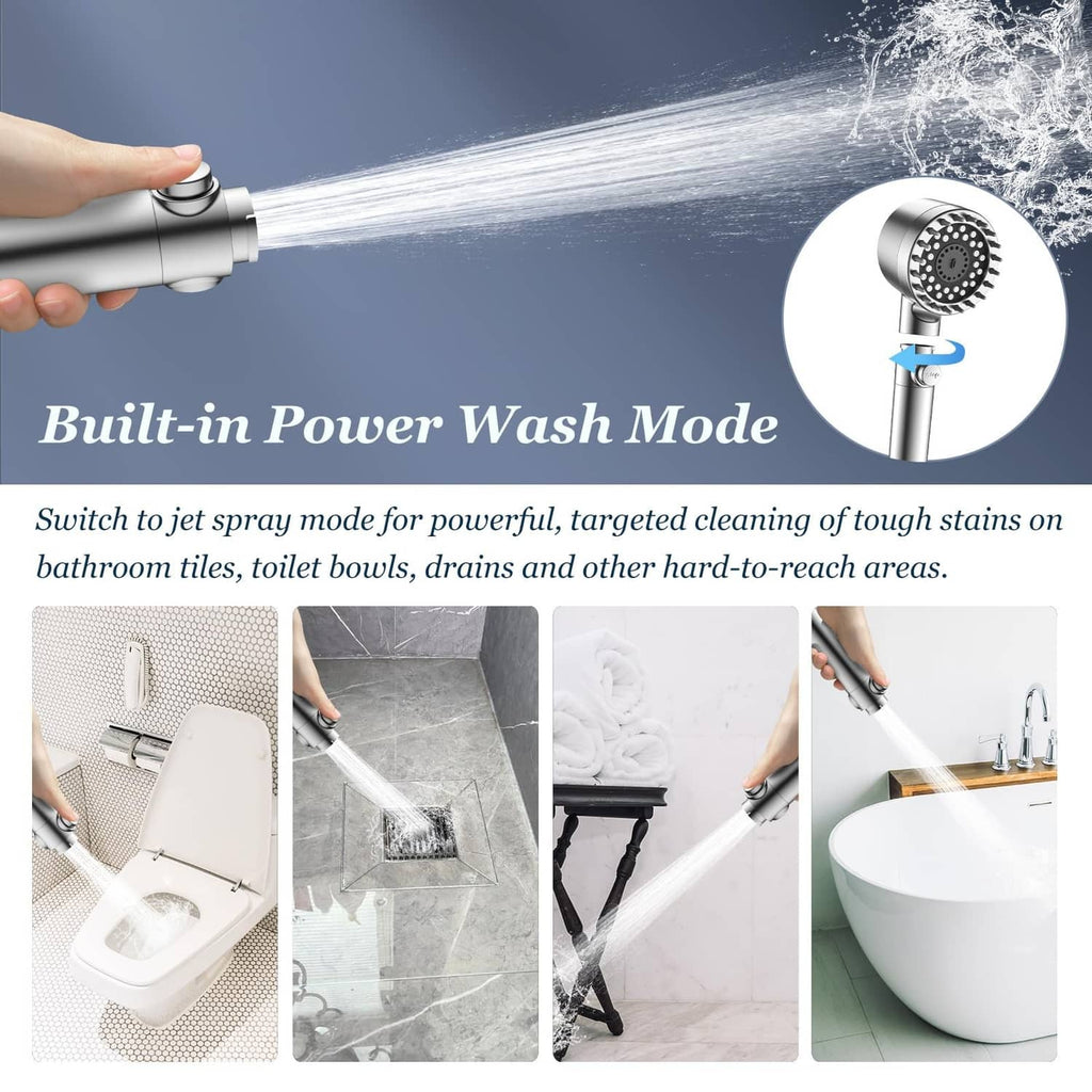 Handheld shower head in power-wash jet mode with strong targeted spray