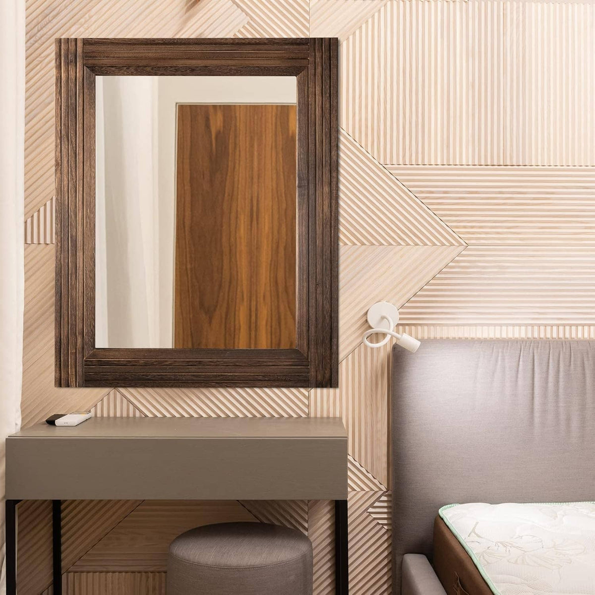 Rustic rectangular wooden wall mirror with dark brown framed glass panel.