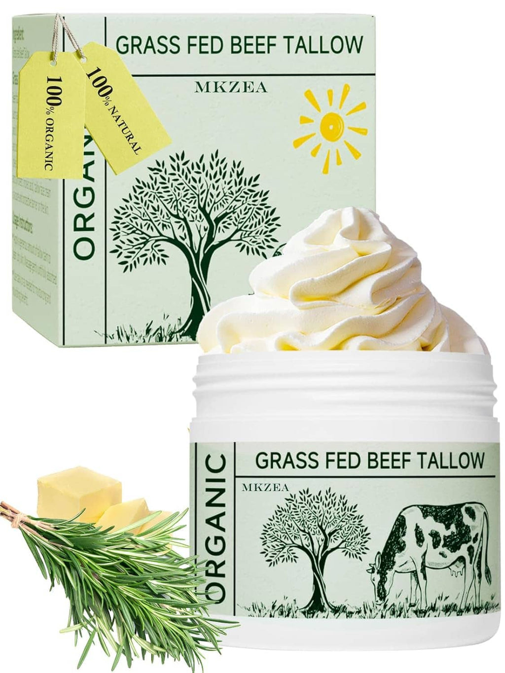Beef tallow face moisturizer jar with cream on top and matching box