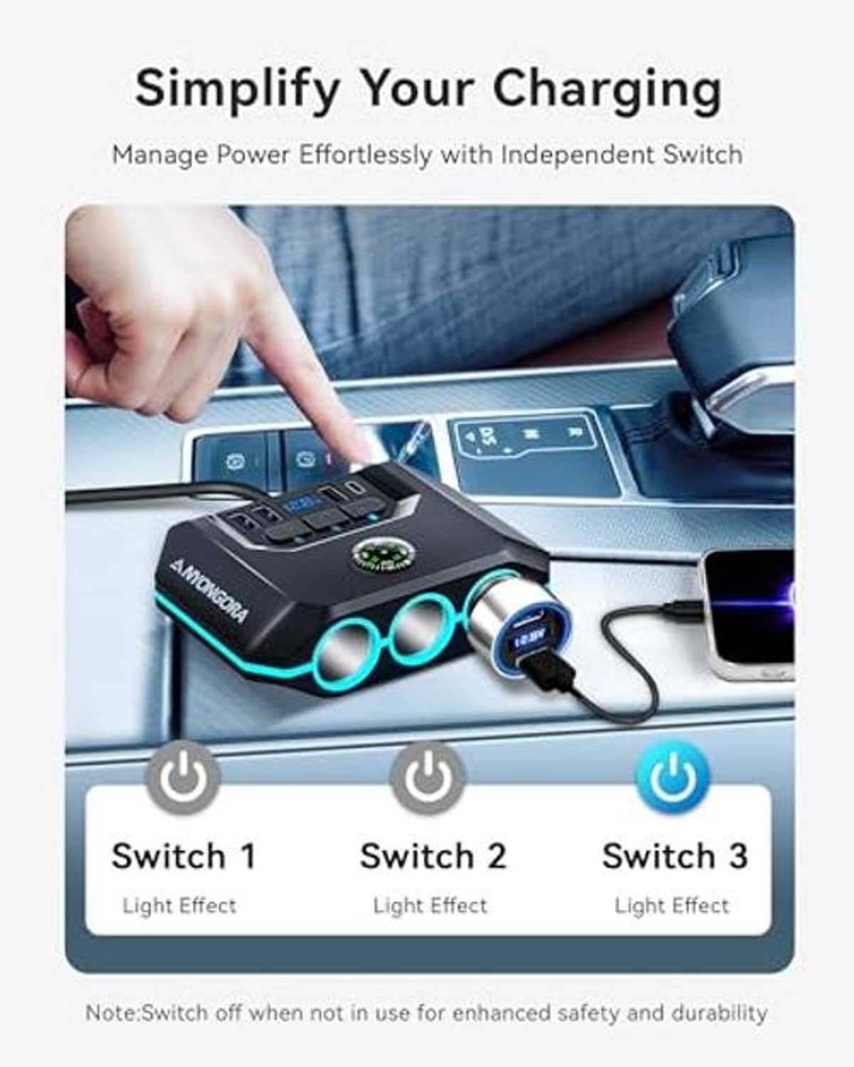 Car power splitter with three blue sockets and button control panel with indicator lights