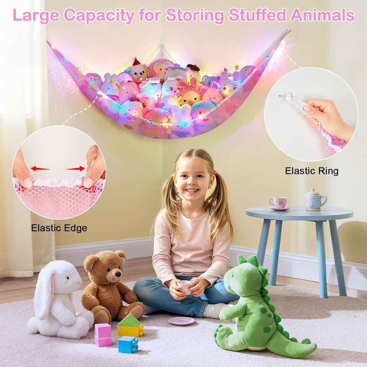 Large pink mesh animal hammock net with elastic edge and colorful LED lights