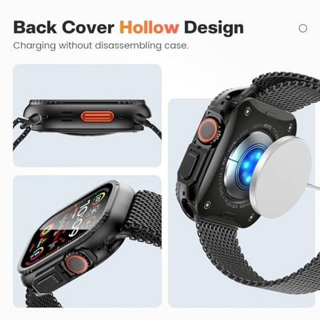 Black metal watch case with hollow back cover for charging without removing the case