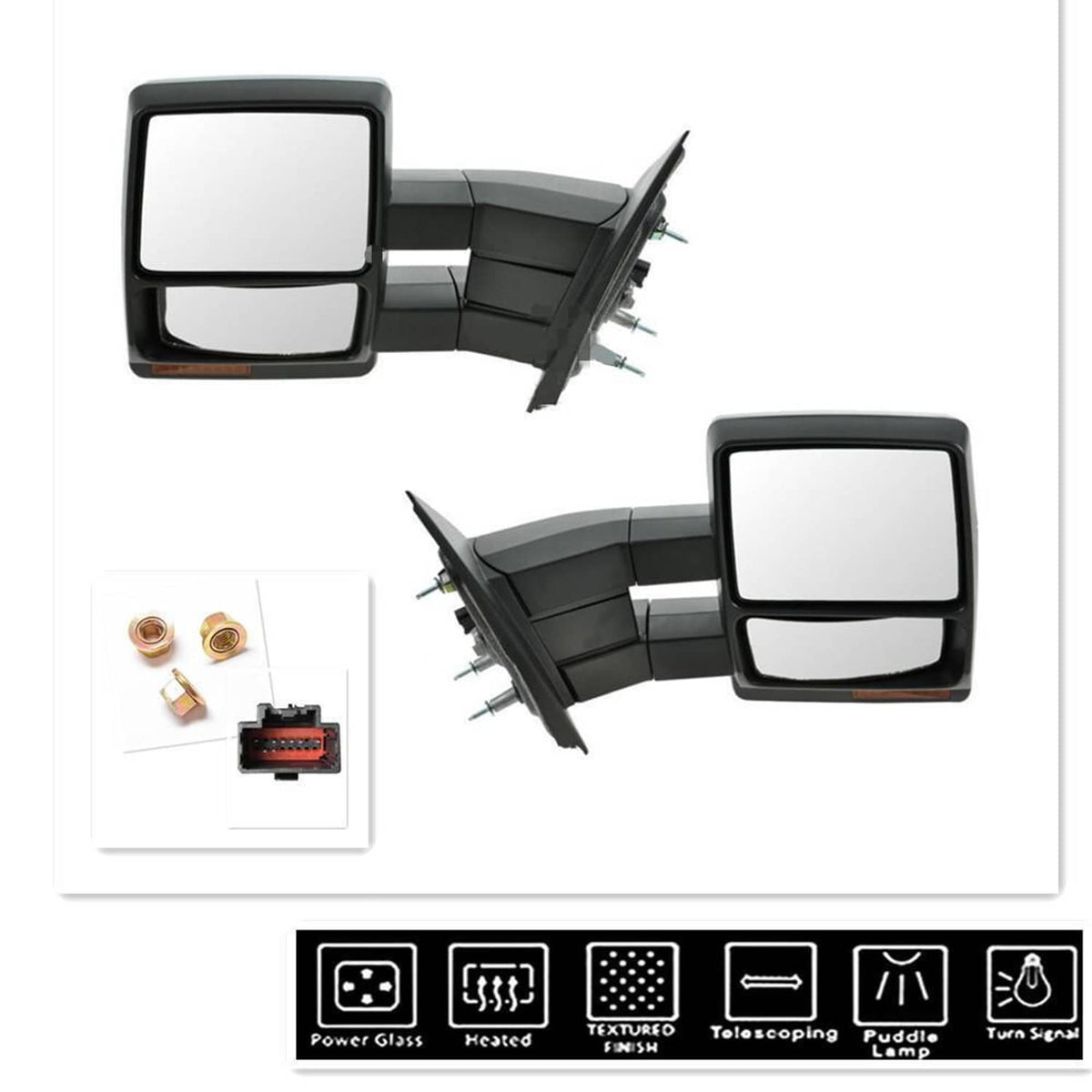 Pair of power heated tow mirrors with telescoping arms and turn-signal indicators