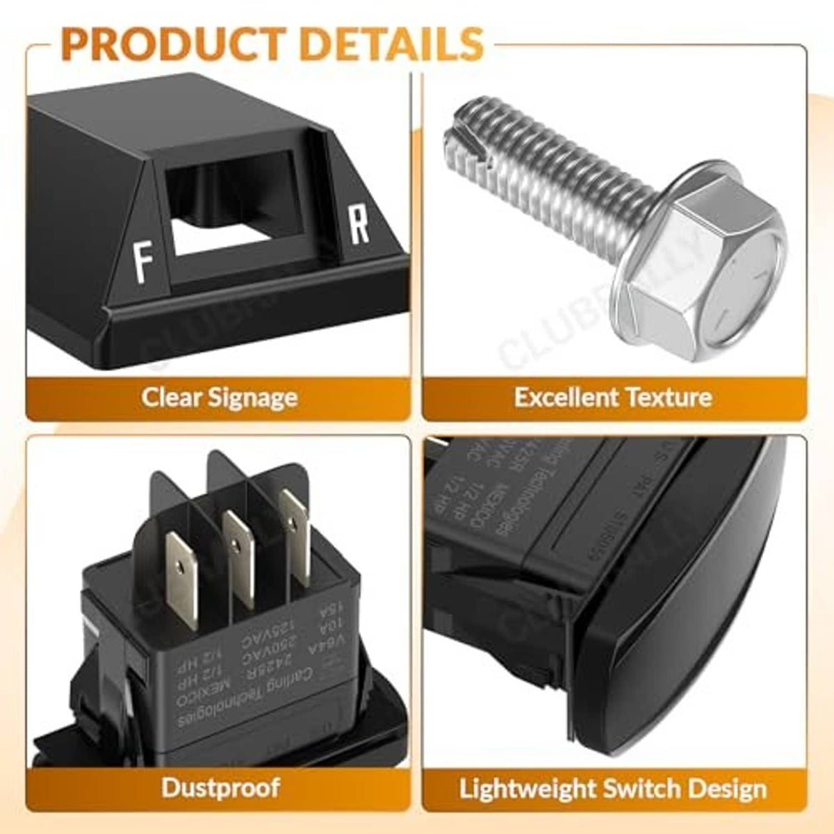 Black rocker switch with F/R labels, wiring terminals, and chrome mounting screw