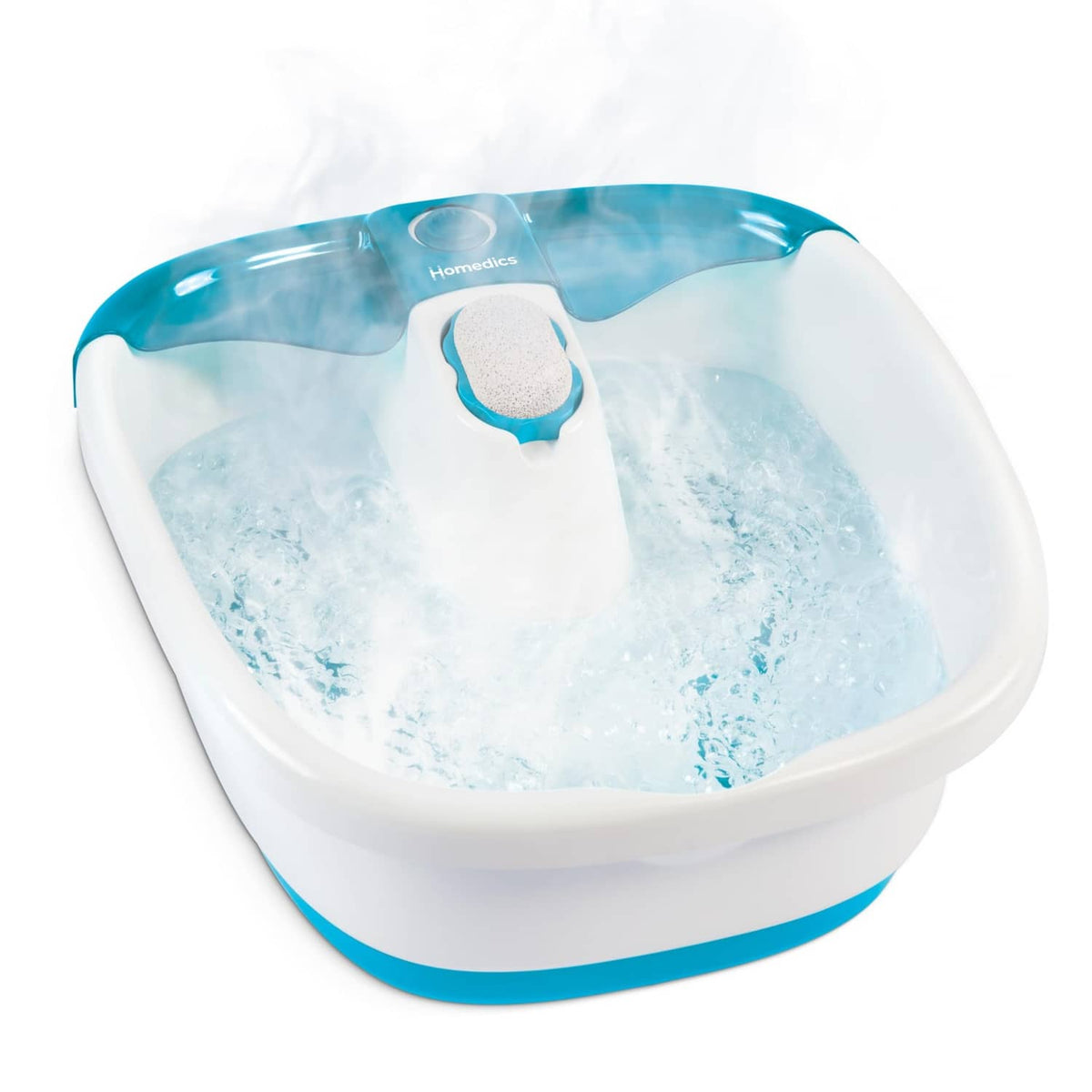 Blue foot spa with bubbled basin and rounded toe-touch control pad
