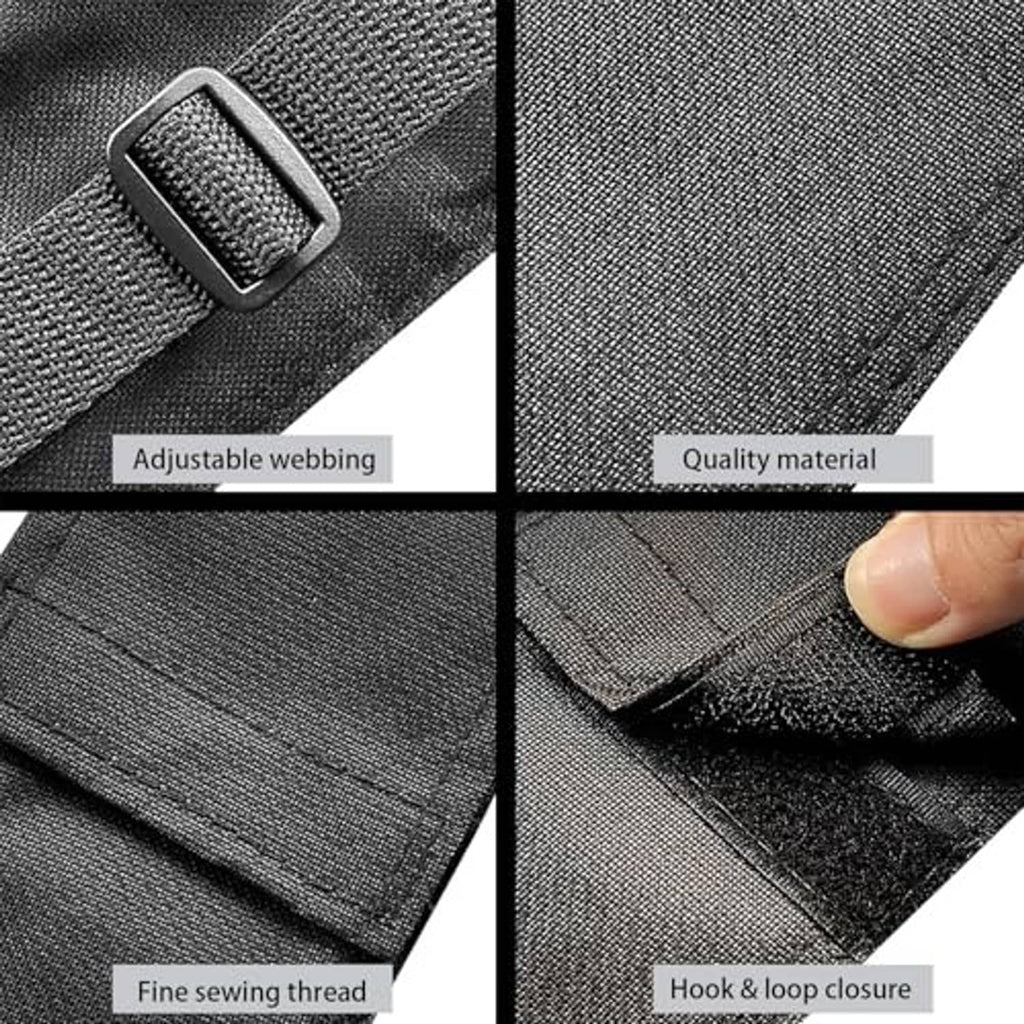 Black cue case close-up showing adjustable webbing, stitching, and hook-and-loop closure