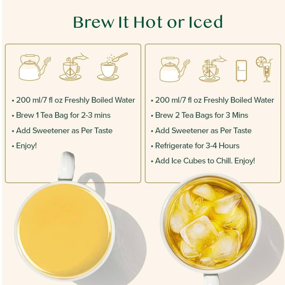 Brew hot or iced green tea instructions with cup and ice drink