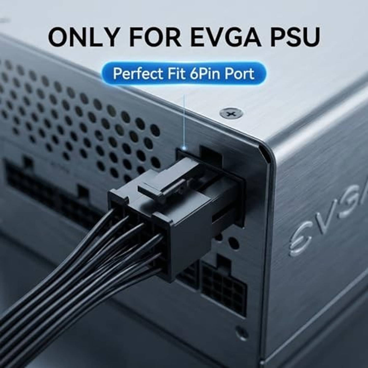 6-pin PSU port connection point on a power supply showing the adapter cable plug
