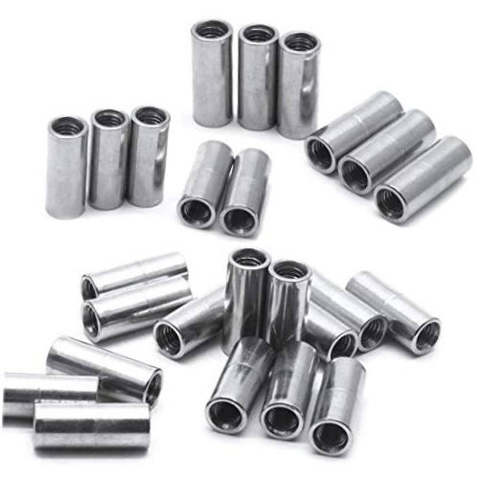 Round coupling nuts set of M5x20mm metal sleeves, shown mixed upright and angled