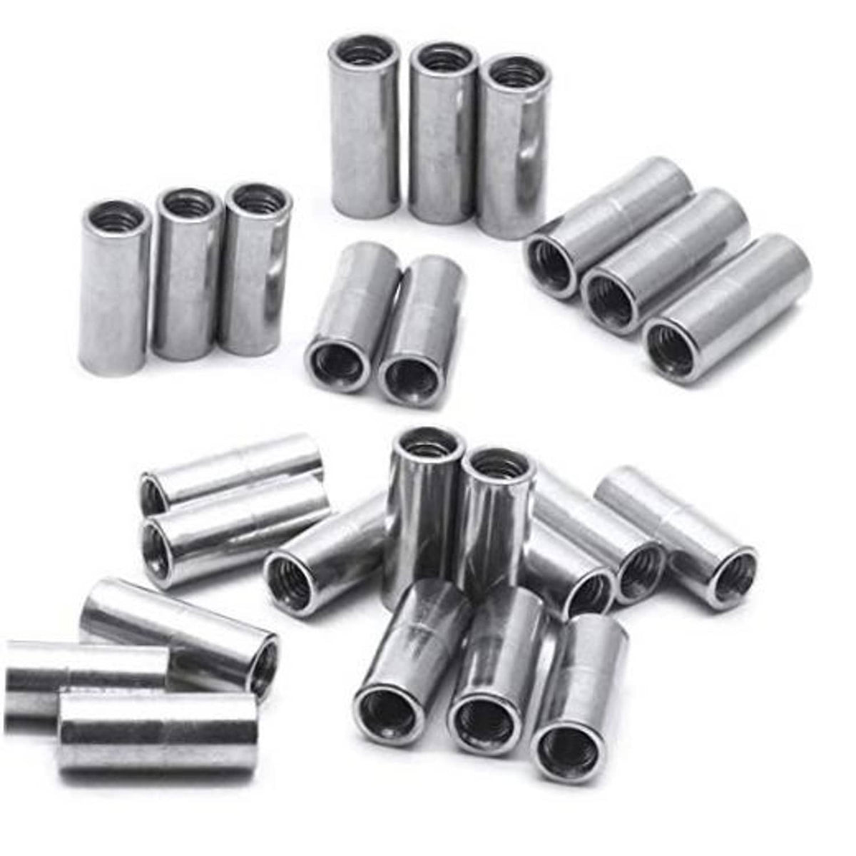 Round coupling nuts set of M5x20mm metal sleeves, shown mixed upright and angled