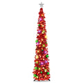 Red 6ft pop-up Christmas tree with colorful LED lights, ornaments, and star topper.