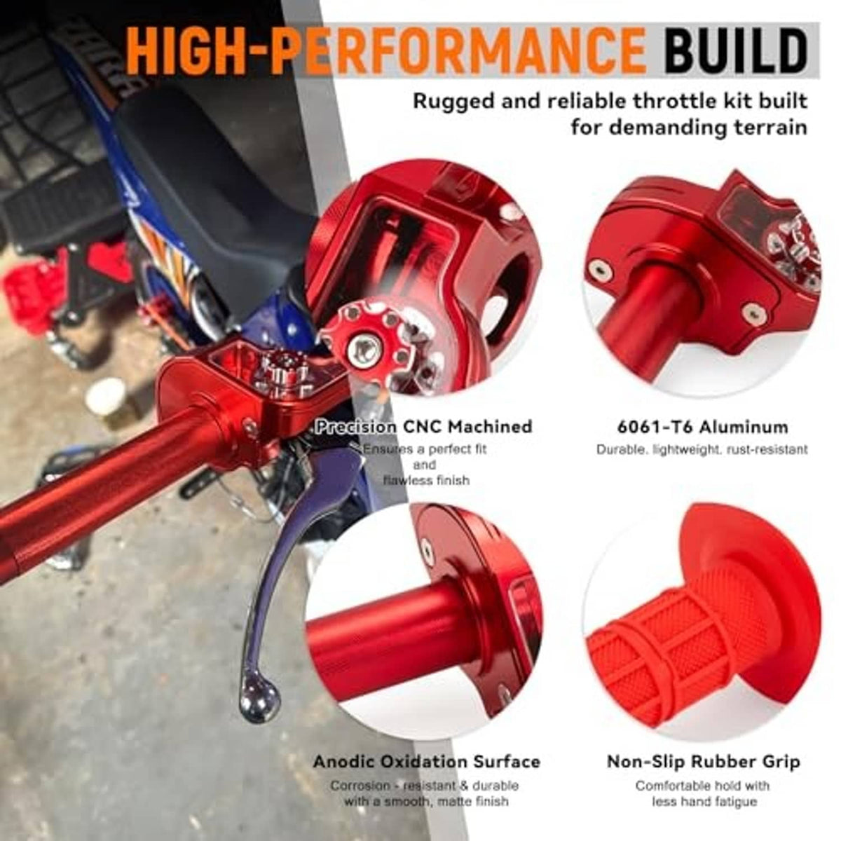 Red CNC twist throttle kit with textured grip and aluminum mounting bracket