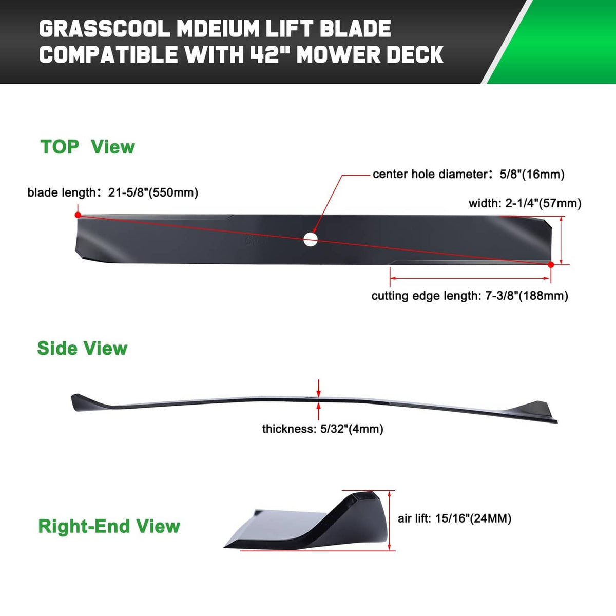 Black lawn mower blade diagram with center hole and cutting edge