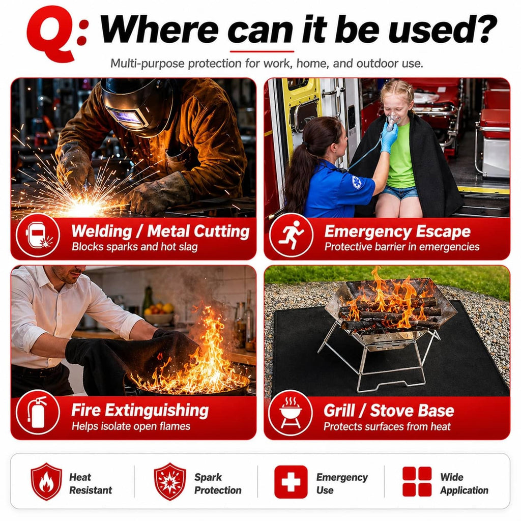 Black welding fireproof blanket mat shown for welding, emergency escape, and grill use