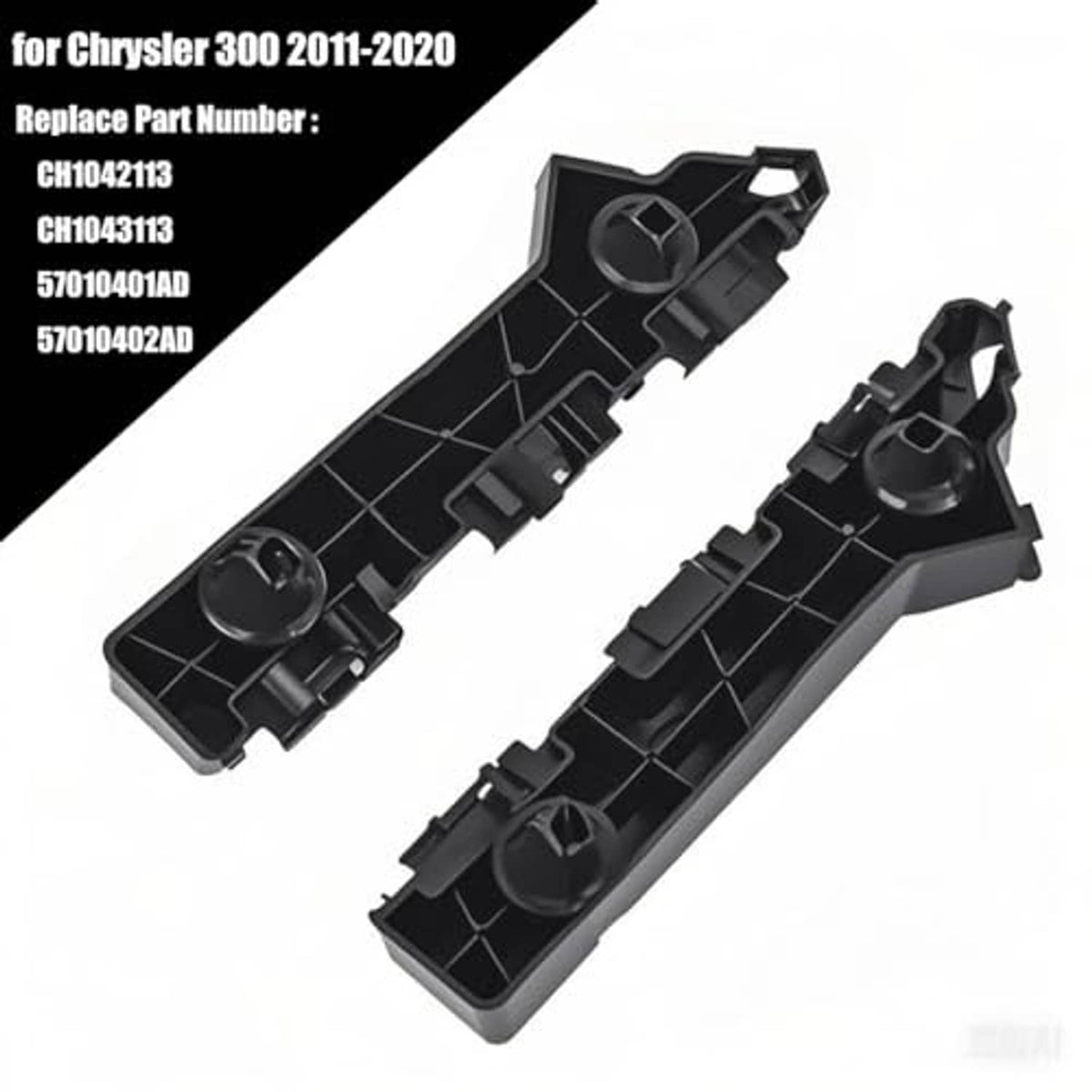 Black front bumper cover bracket pair with circular fastener recesses