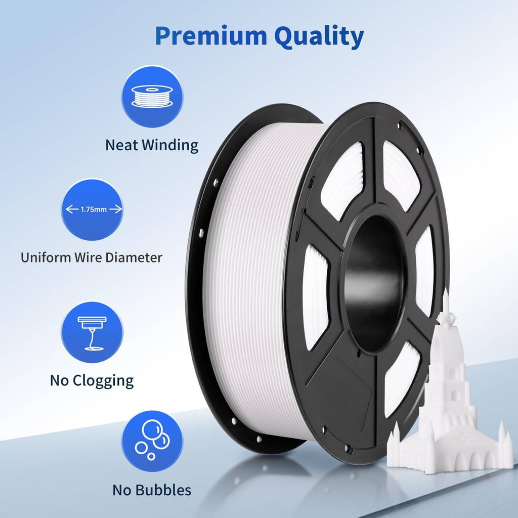 PLA 3D printer filament spool with white filament on a black reel, neat winding