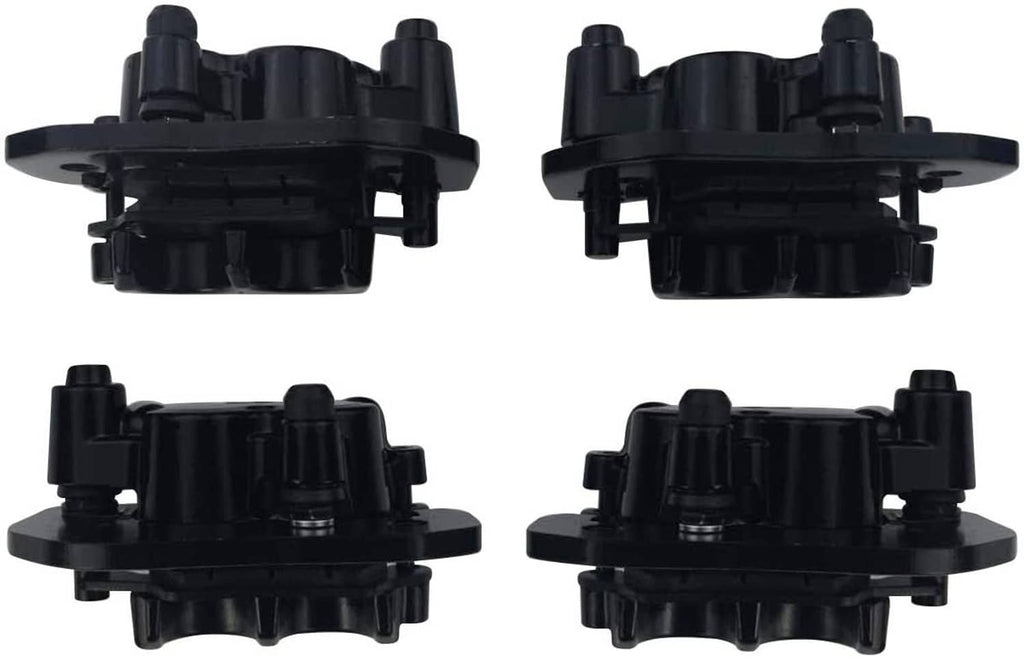 Black brake caliper pair with metal mounting ears, side and angle views