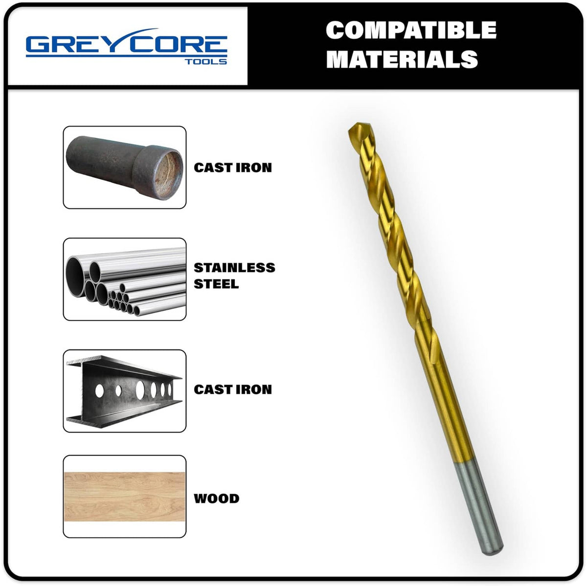 Greycore Tools 3/16 in extension drill bit, titanium coated, for cast iron, steel, wood