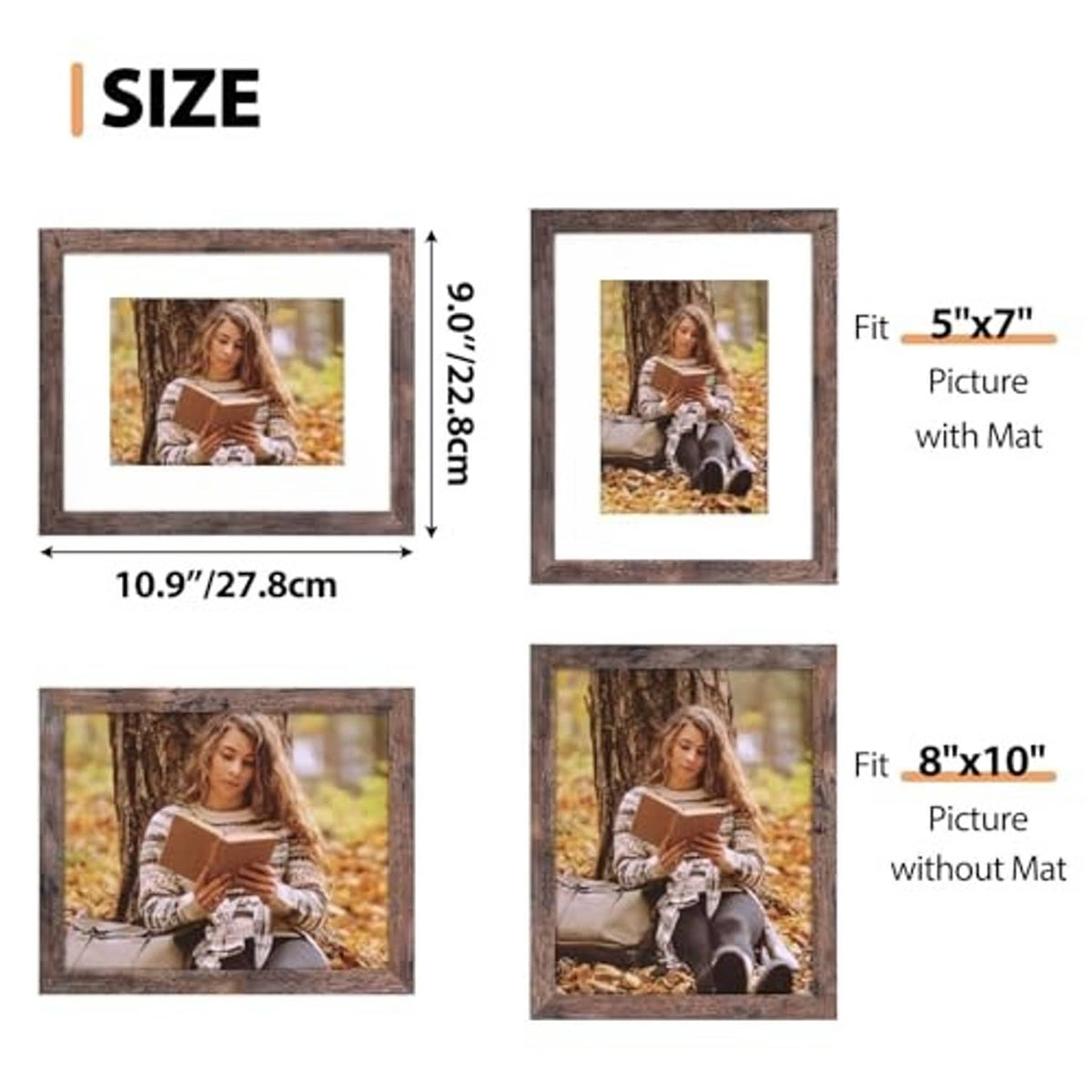 Rustic brown picture frames for 5x7 with mat and 8x10 without mat, photo print