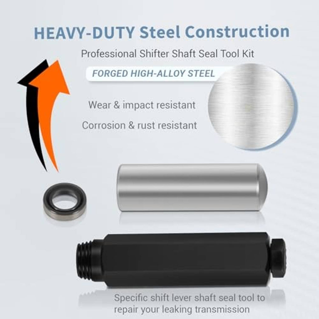 Heavy-duty steel transmission shift seal tool kit with sleeve, seal ring, and installer