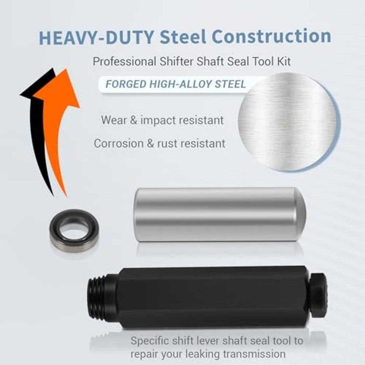 Heavy-duty steel transmission shift seal tool kit with sleeve, seal ring, and installer
