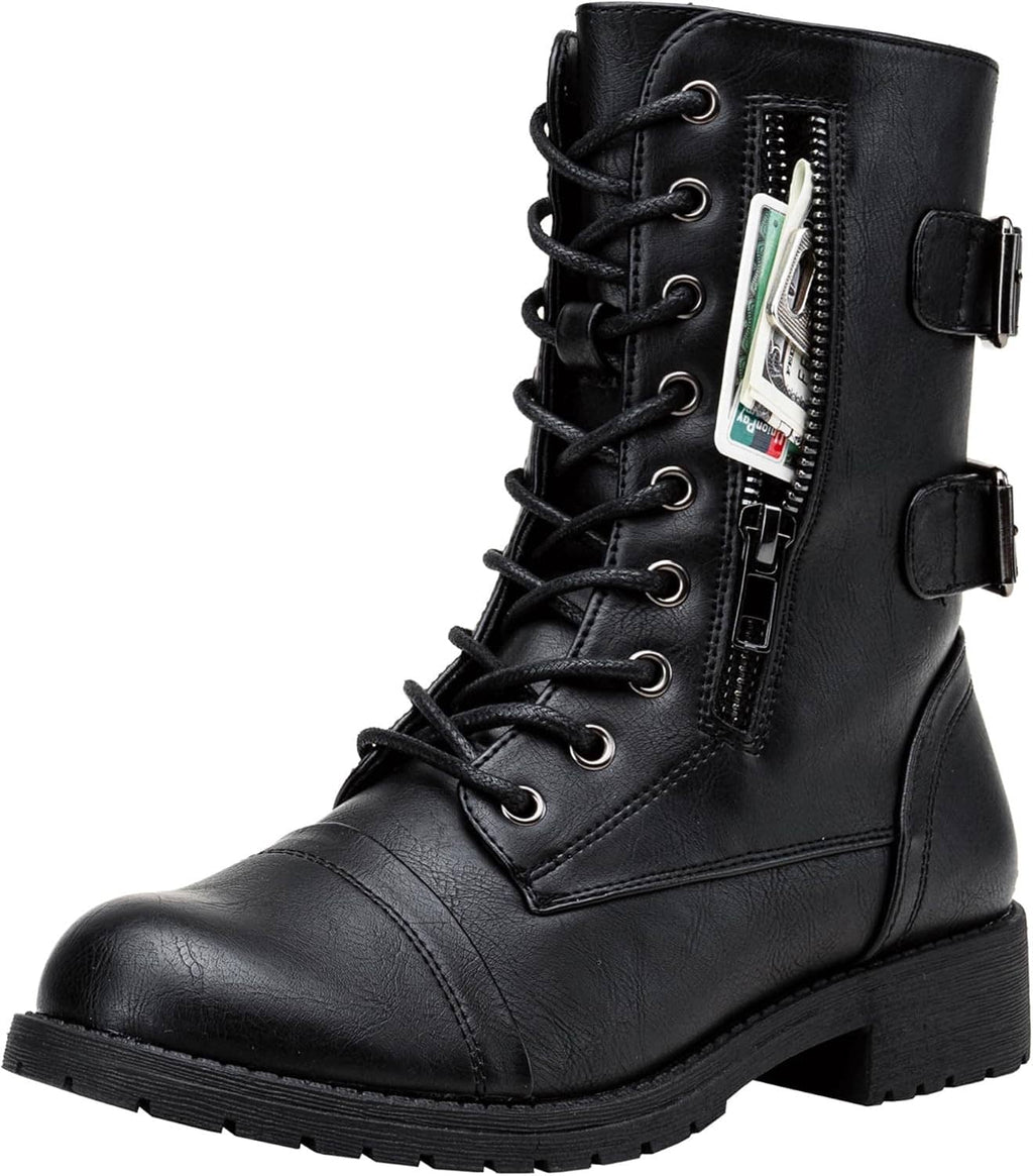 Black mid-calf lace-up combat boot with side zipper, padded collar, buckle straps