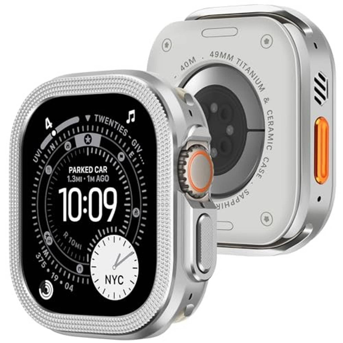 Silver 2-in-1 metal cover showing watch front and back, Apple Watch Ultra style