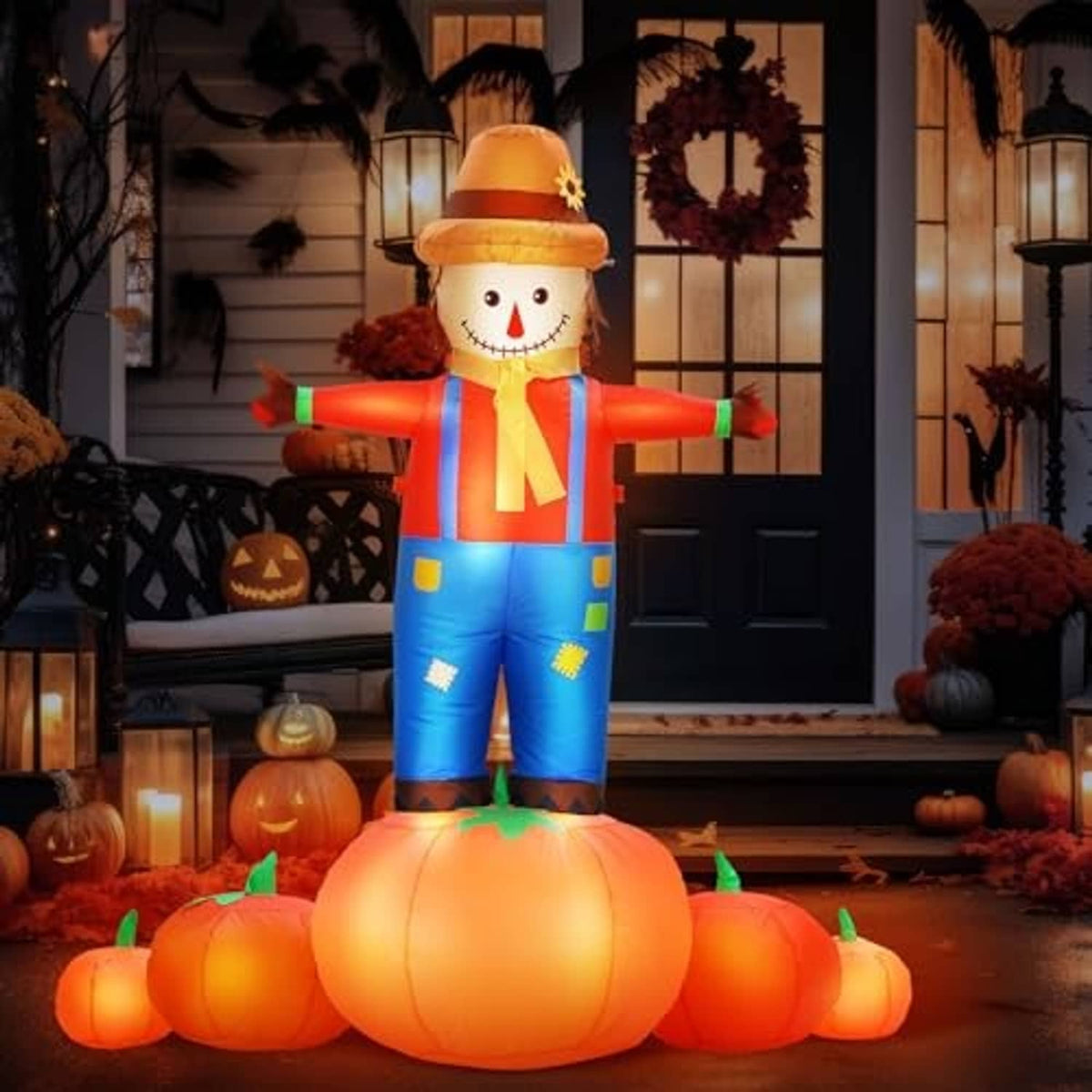 Lit inflatable scarecrow with pumpkin base, blue overalls and orange hat on porch