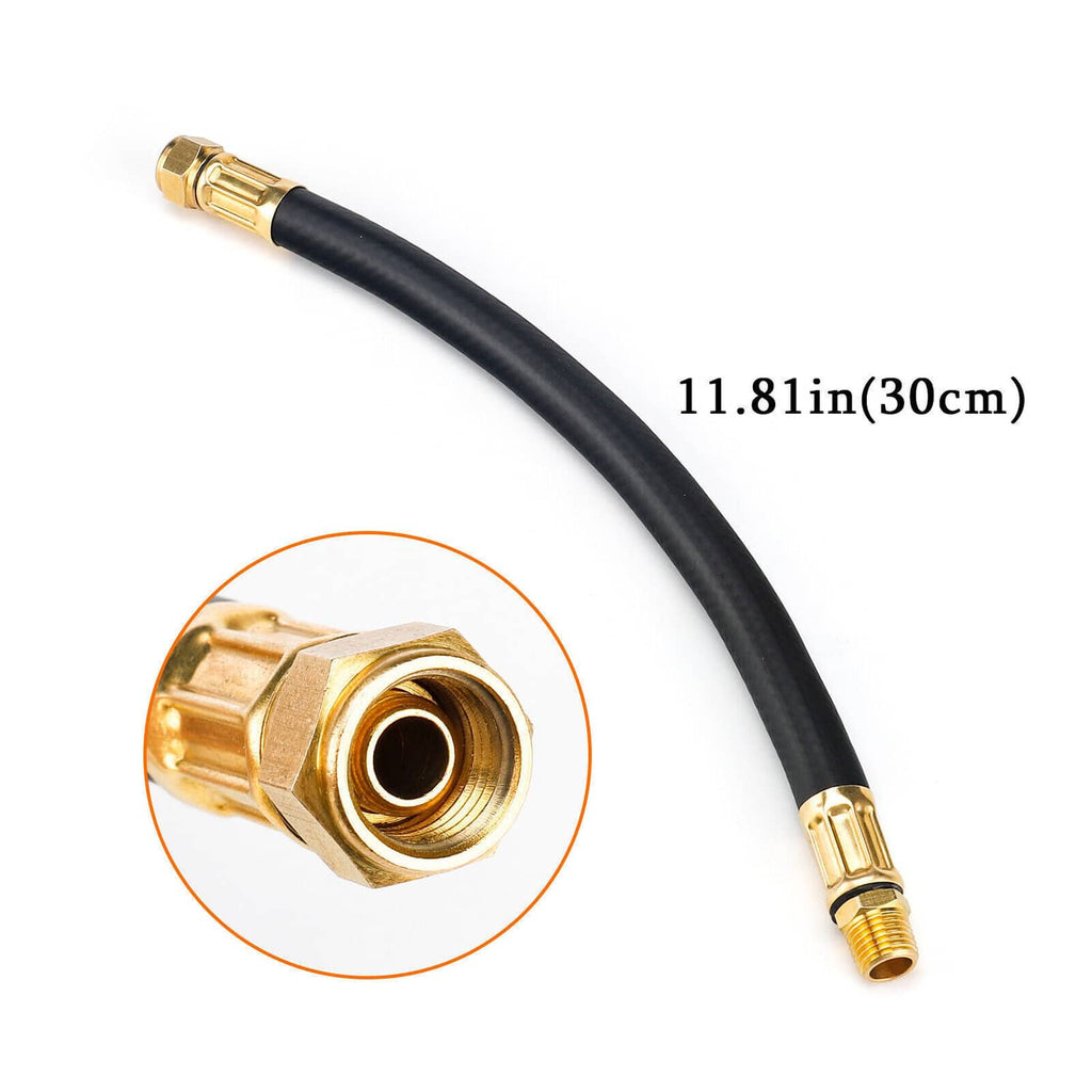 Black air hose with gold brass connector fitting