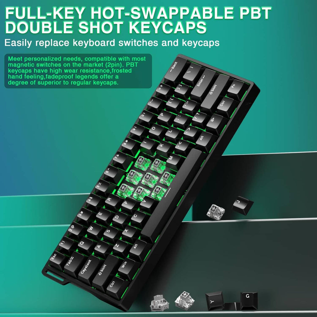Black hot-swappable mechanical keyboard with PBT double-shot keycaps, RGB-ready