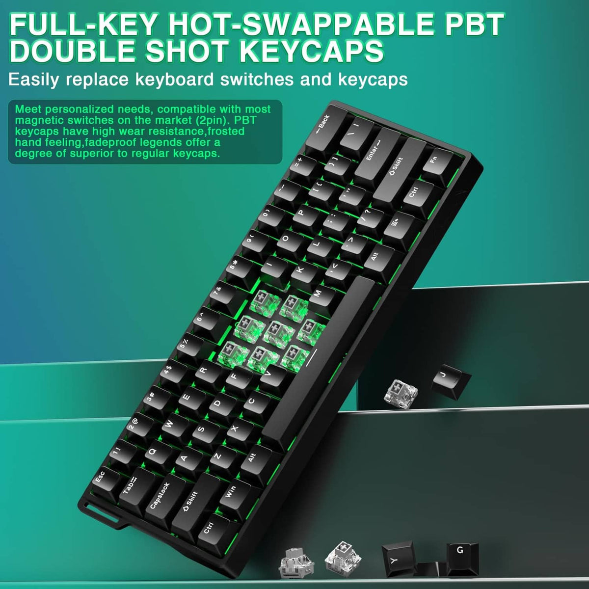 Black hot-swappable mechanical keyboard with PBT double-shot keycaps, RGB-ready