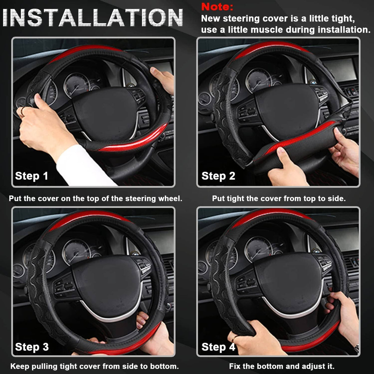 Hands installing a black steering wheel cover onto a steering wheel, step-by-step fit