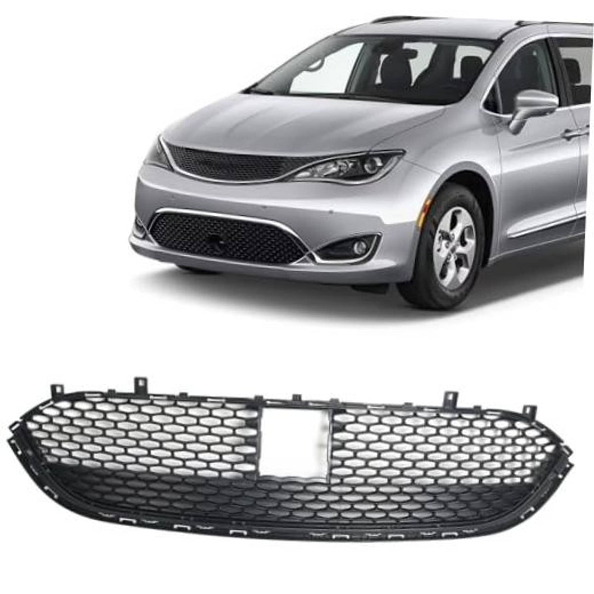 Front lower bumper grille with black honeycomb mesh and silver center insert.