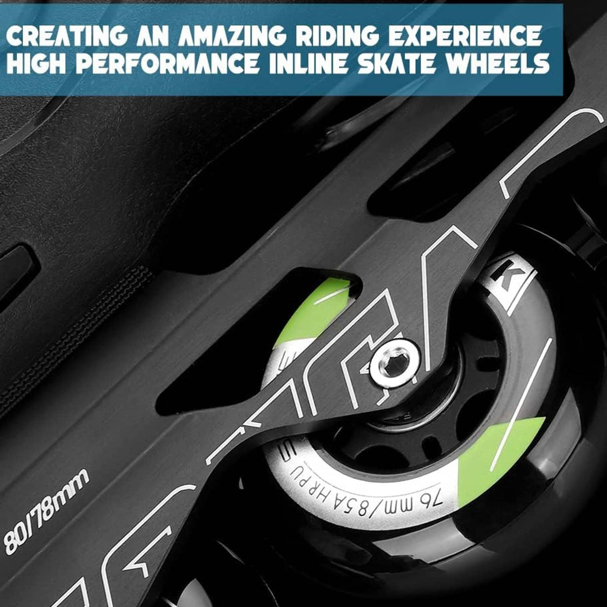 Black inline skate wheel with green stripe and center bearing, close-up on mounting axle