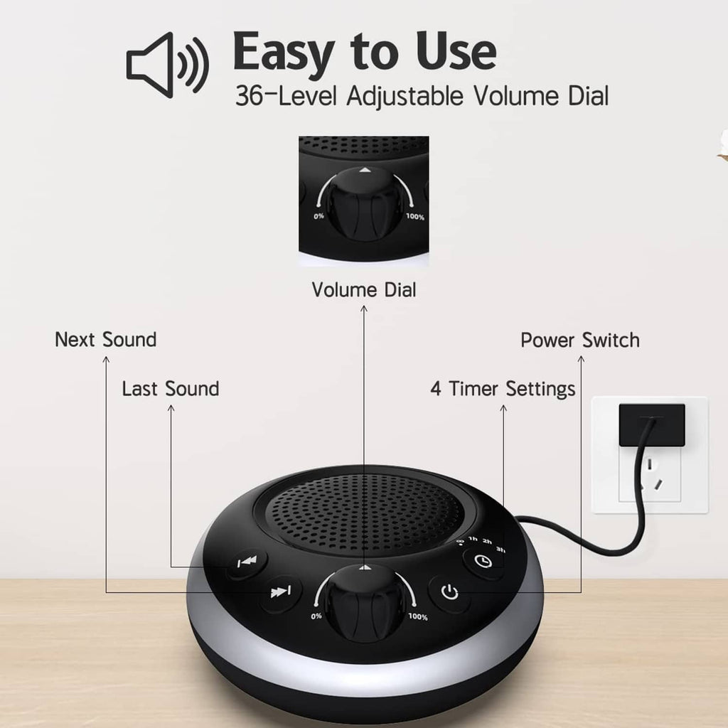 White noise machine showing volume dial, power switch, and timer settings on controls