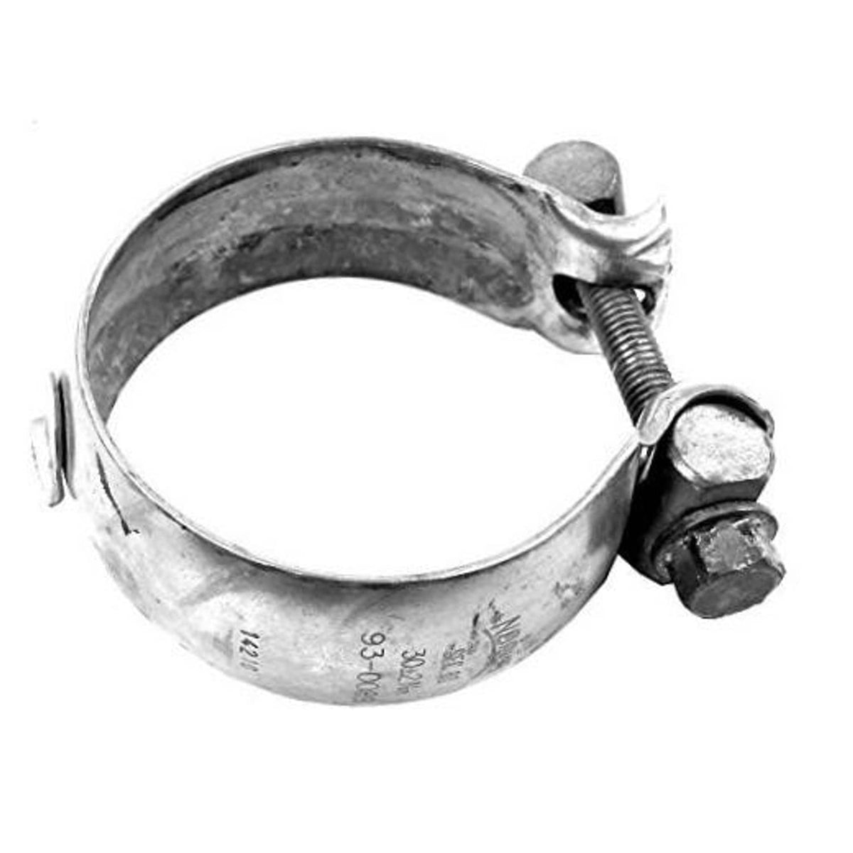 Metal exhaust clamp with bolt and nut, curved band for pipe