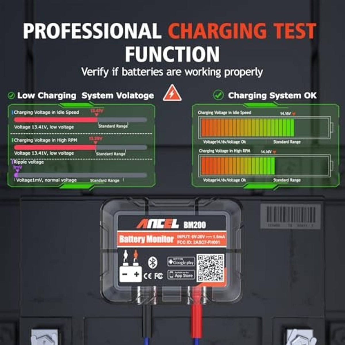12V car battery tester device with red and blue clamp cables in a clear case