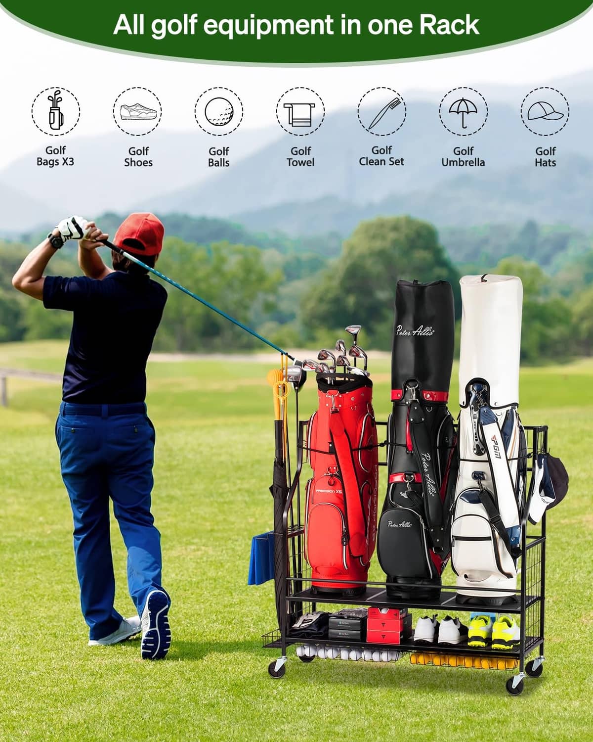 3-golf bag storage rack with red, black, and white bags, outdoors with golfer nearby