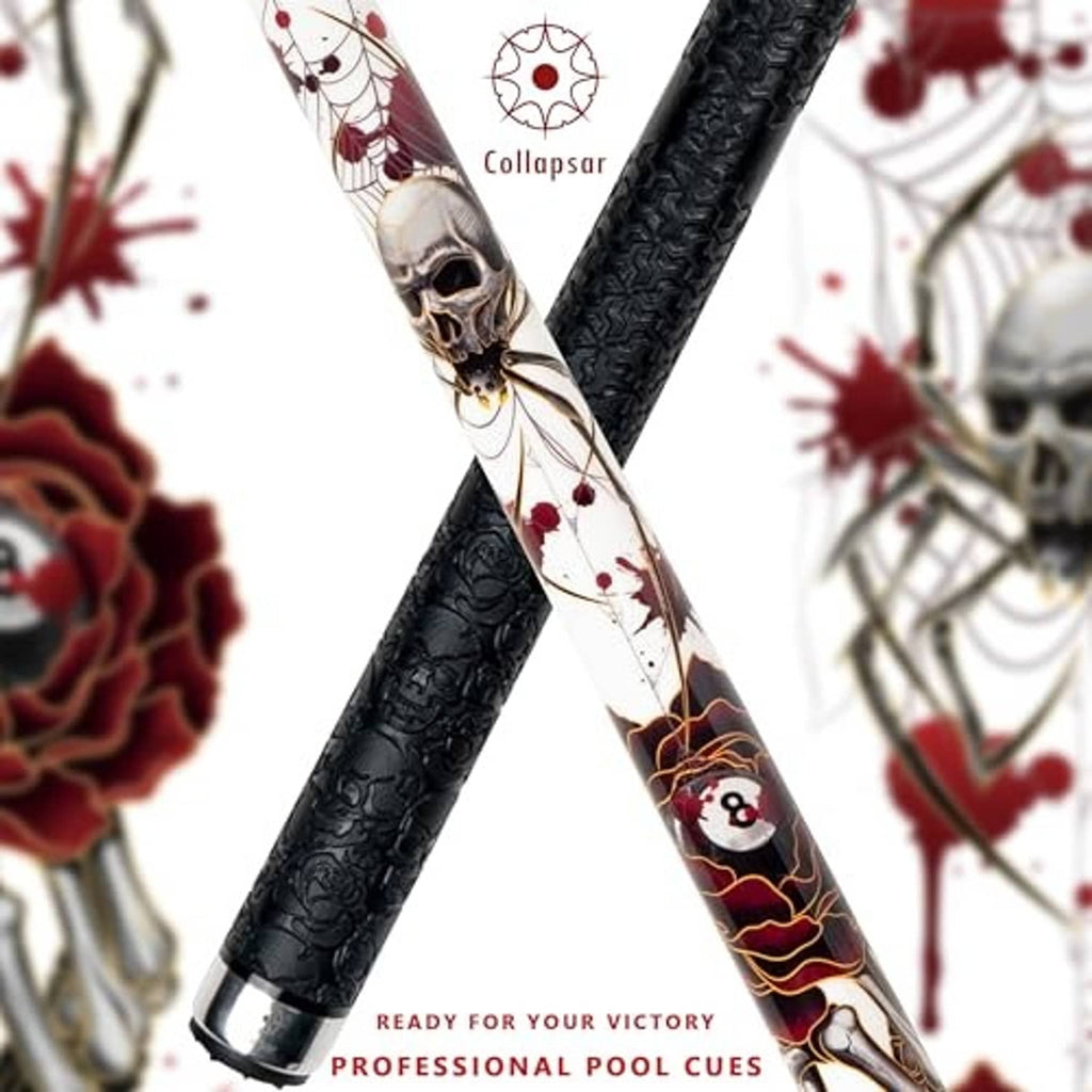 Spider graphic pool cue with white and red artwork over the black center section