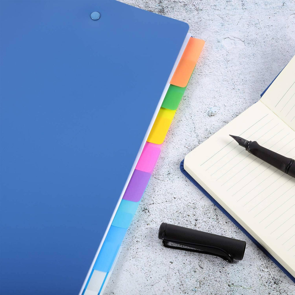 Blue clipboard-style folder with colorful sticky tabs attached and extra tabs visible.